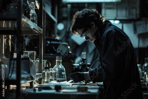 A scientist in a lab coat and safety goggles works on a project in a lab.