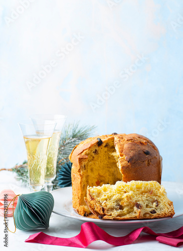 Wallpaper Mural Panettone is a Christmas Italian sweet bread and dessert, a traditional Christmas and New Year's Eve sweet with raisins and dried fruit served with champagne. Tastes of Italian Christmas Torontodigital.ca