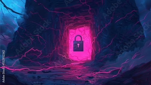 Cybersecurity Gatekeeper: A digital lock and key guard a glowing portal in a dark, futuristic landscape, symbolizing the importance of data security and protection.