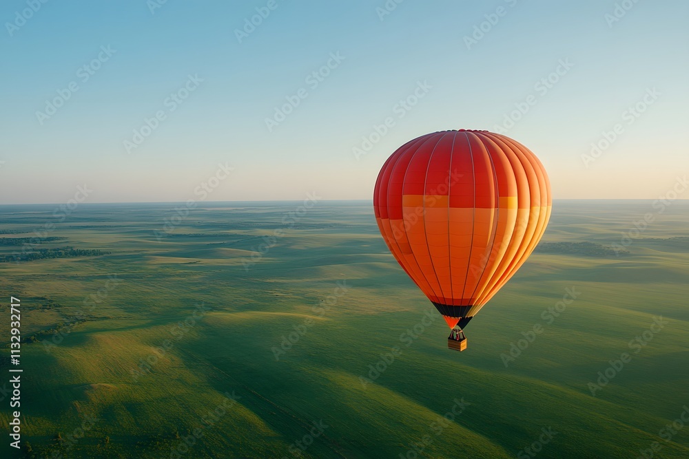Obraz premium Orange hot air balloon floating over rolling green hills during sunrise. Aerial landscape view of summer adventure. Peaceful morning scenery for travel, tourism and outdoor activities promotion