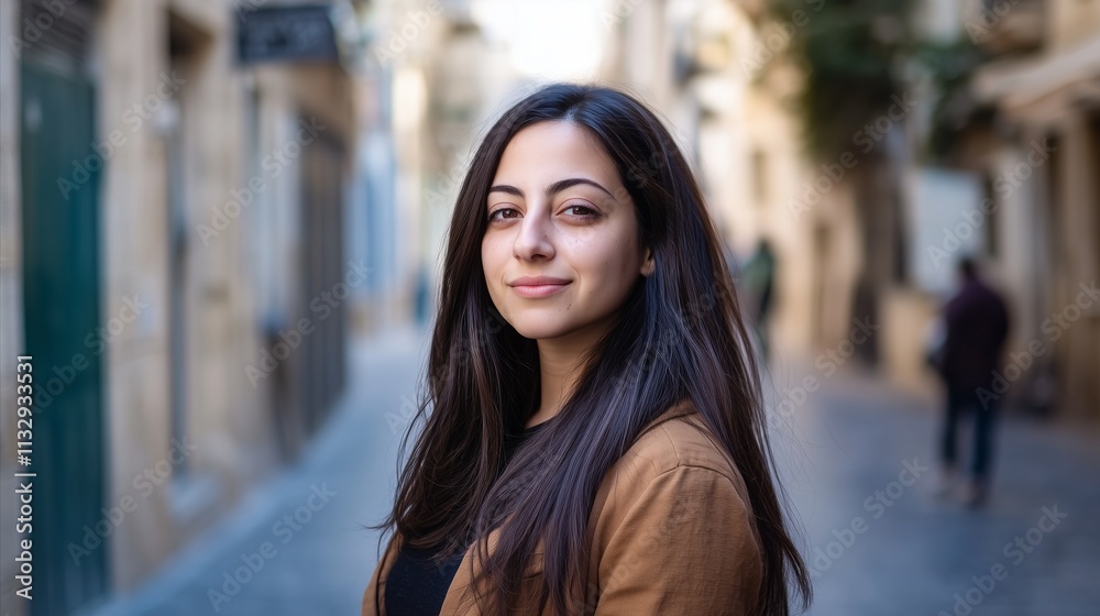 Fototapeta premium Woman with long hair is standing on a street