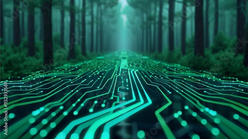 Forest Circuit: A digital pathway through an ethereal forest, glowing circuit board lines winding through the trees, creating a surreal and mysterious atmosphere.