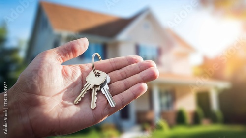 Hand holding a key chain with a house background, concept of success or property owner calling for wealth.