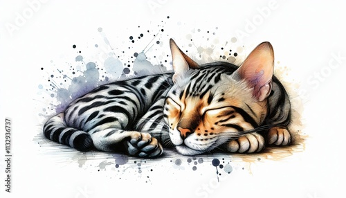 bengal, cat, sleeping pose, animal in watercolor painting, alcohol ink, colorfull illustration, photo