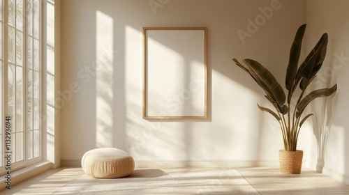 Soft sunlight pours through expansive windows, casting intricate shadows on the warm wooden floor. A potted plant and a cozy pouf enhance the serene atmosphere of this peaceful sanctuary