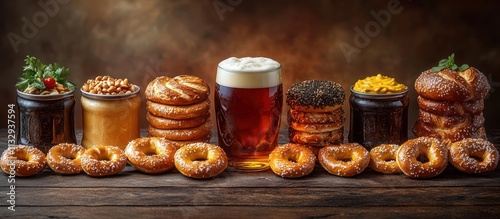 Beer, pretzels, and dips on a wooden table. photo