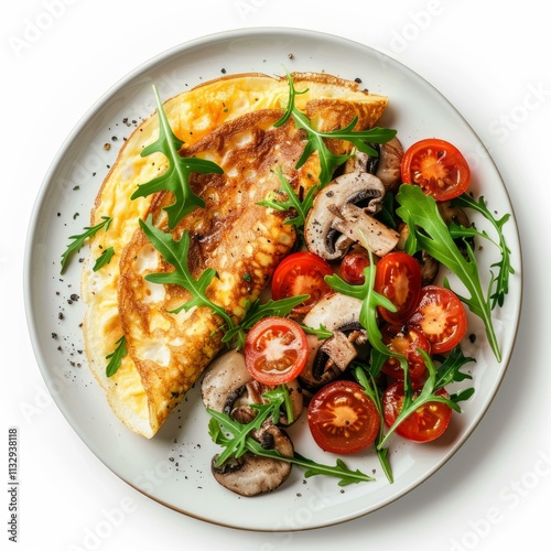 Folded omelette with fried mushrooms, fresh cherry tomatoes and arugula salad on a plate, healthy breakfast or brunch