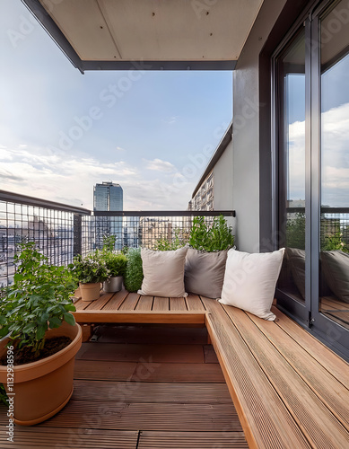 A small minimalist balcony with a wooden bench, neutral cushions, and potted plants of varying heights, framed by a cityscape view