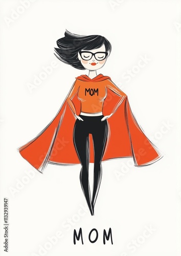 Minimalist illustration of a superhero mom wearing a red hoodie with a cape
