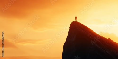 Fototapeta Naklejka Na Ścianę i Meble -  Silhouette of a man standing on the edge of a mountain cliff on the background of sunset nature and the sky, creatine concept of achieving a goal, success