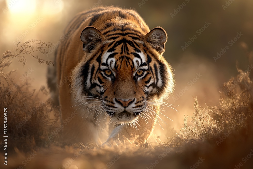 Fototapeta Tiger walks through golden grass during sunset in the wild, showcasing its majestic presence and vibrant colors