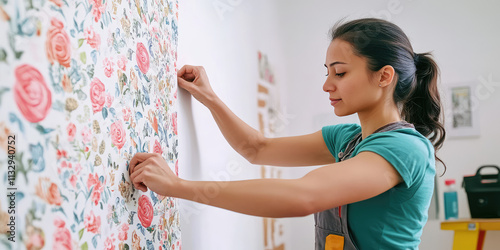 Woman worker glues wallpaper on white wall, renovation, wall finishing, vinyl, flisiline and paper wallpaper gluing service