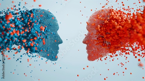 Digital Disintegration: Two faces, one blue and one red, disintegrating into particles, symbolizing conflict or contrasting ideas.