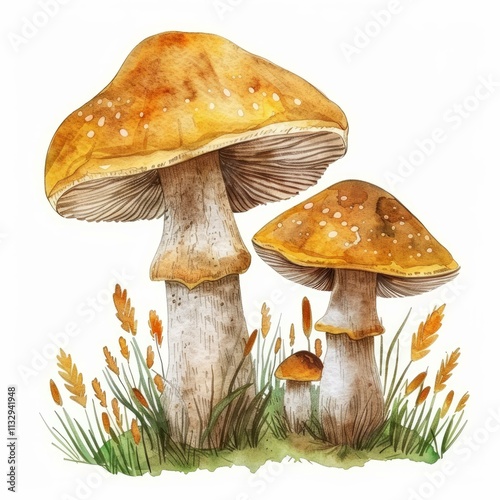 Watercolor painting showcasing a cluster of vibrant, orange capped mushrooms sprouting from a bed of green grass, creating a charming autumnal scene photo