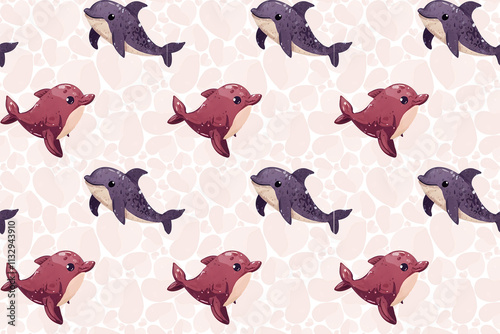 Charming Cartoon Dolphin Pattern – Repetitive, Colorful Design on Dark Background for Kids' Decor, Packaging, and Creative Design Use photo