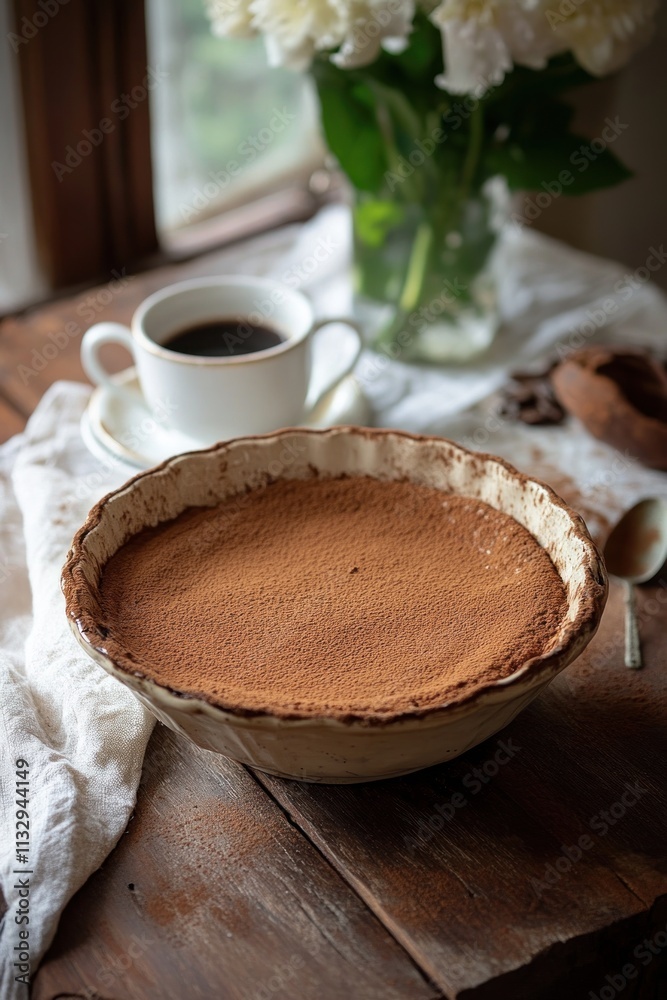 Fototapeta premium A cozy setting featuring a chocolate pie, coffee, and flowers on a wooden table.
