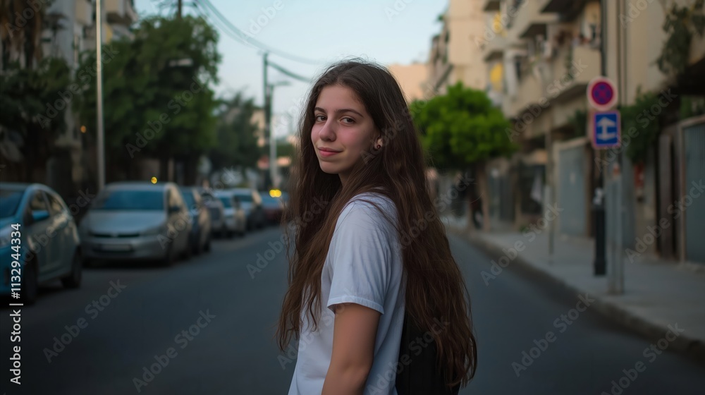 Fototapeta premium Woman with long hair is standing on a street