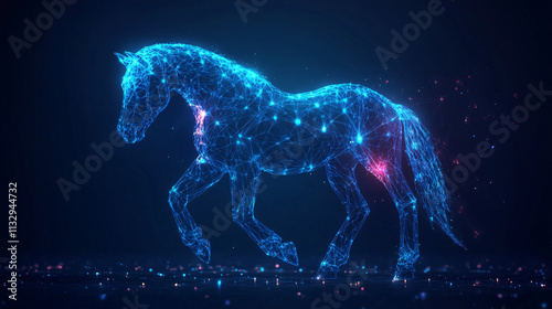 A cyber horse icon glowing with riding performance data, representing online equestrian platforms, smart training tools, and digital horse care resources.  photo