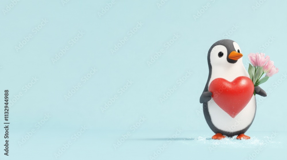 Obraz premium A cute penguin holds a heart and a flower, set against a light blue background, conveying love and affection.