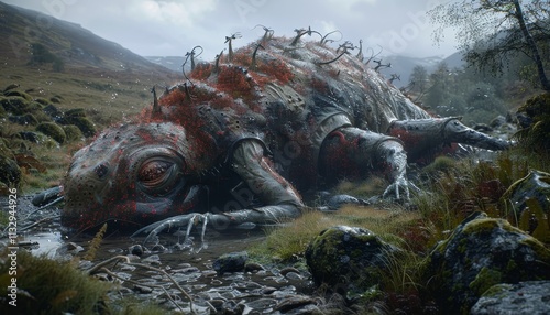 A large, monstrous creature lies dead in a stream, its body covered in strange growths and metallic parts.