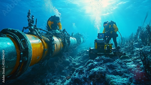 Underwater pipeline inspection ocean depths industrial activity aquatic environment submerged view marine engineering exploration photo