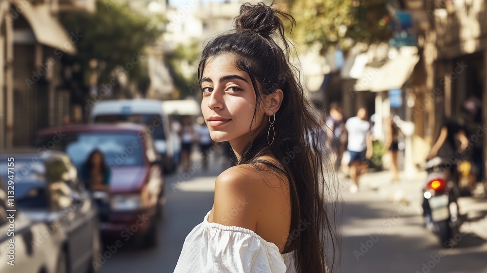 Fototapeta premium Woman with long hair is standing on a street