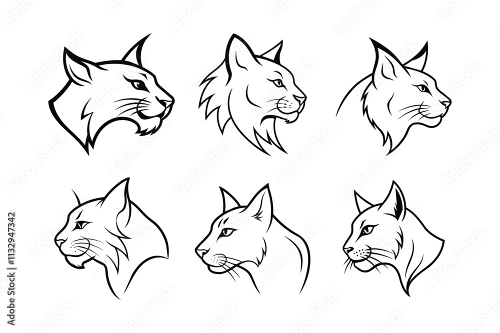 Fototapeta premium Various styles of a bobcat's logo, labeled line art low vector design illustration.