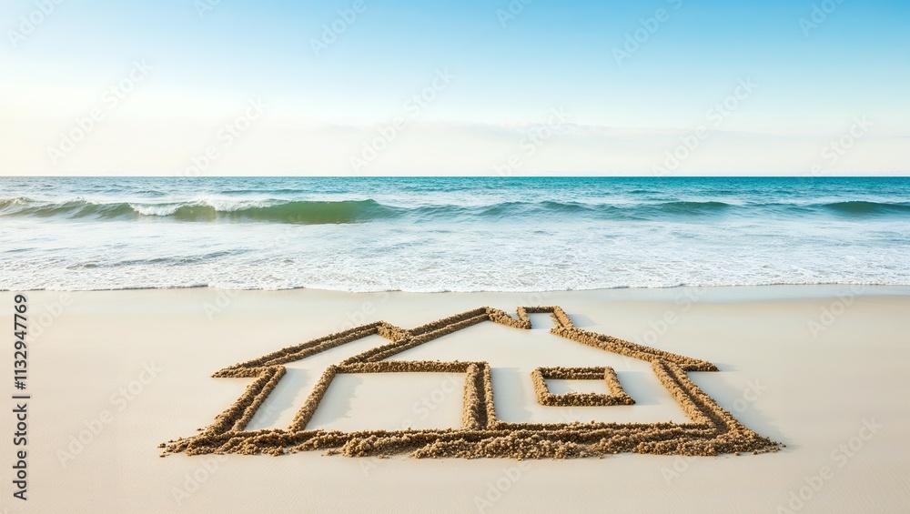 Fototapeta premium House Drawn On Sand By Sea