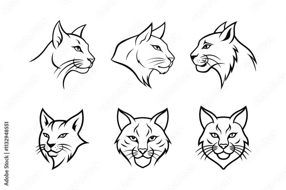 Obraz premium Various styles of a bobcat's logo, labeled line art low vector design illustration.