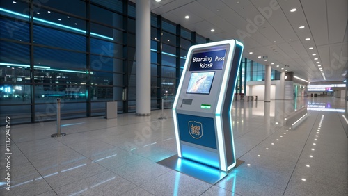 Automated boarding pass kiosk airport terminal digital self-service modern design nighttime view travel convenience