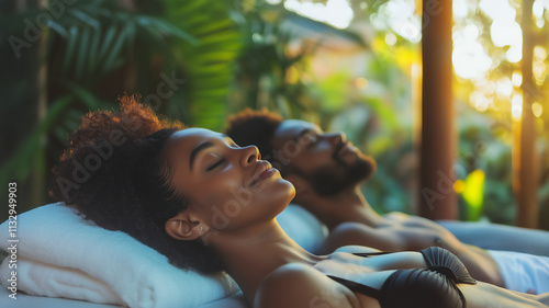 Portrait of African American couple enjoying luxurious spa treatment at tropical resort. Premium wellness experience with professional massage therapy. Concept of luxury relaxation, romantic getaway