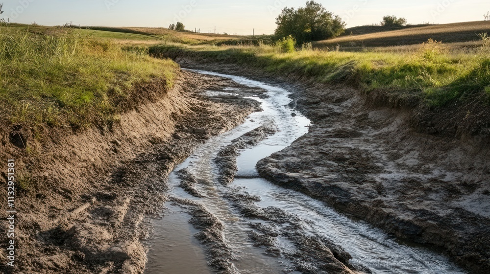 Fototapeta premium A winding stream flows through a dry, grassy landscape under a clear sky.