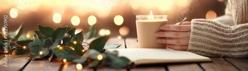 Capture the essence of tranquility with this image of a woman journaling in a warm, cozy setting Embrace stress management techniques through mindfulness and relaxation The scene features soft photo