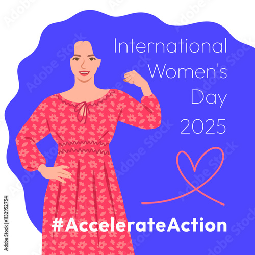 Accelerate Action campaign pose. International Women's Day 2025 theme. Beautiful woman demonstrates a strong arm to show solidarity and support for women's rights and gender equality. Square banner