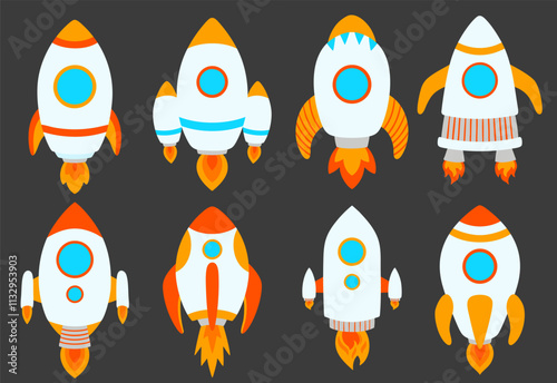 Kids rockets set of illustrations. Spacecraft types, jet, spaceship galaxy design for children