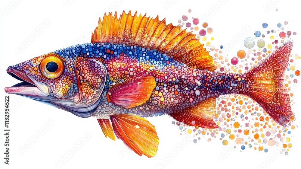 Fototapeta premium Colorful and Vibrant Fish Illustration with Abstract Bubbles and Patterns for Creative Projects
