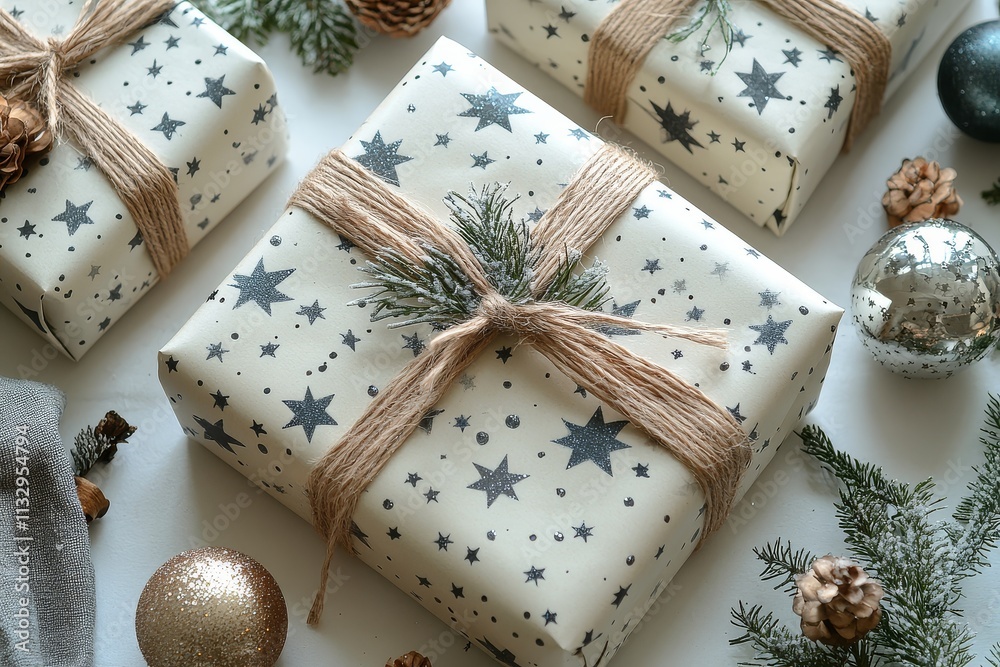 Fototapeta premium Flat lay of wrapped gifts with brown twine and silver stars on a white background, creating a festive and elegant atmosphere.
