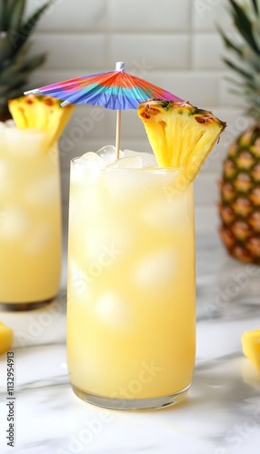 A refreshing tropical drink with ice, garnished with a pineapple slice and a colorful umbrella. photo