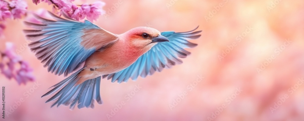 Fototapeta premium Experience the vibrant beauty of a colorful bird in flight, a symbol of wellness, freedom, and the power of positive thinking This image captures the graceful movement and delicate hues of the bird