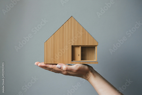 平屋の住宅模型を持つ手, 木目, 木造, ナチュラル, 外観, オシャレ