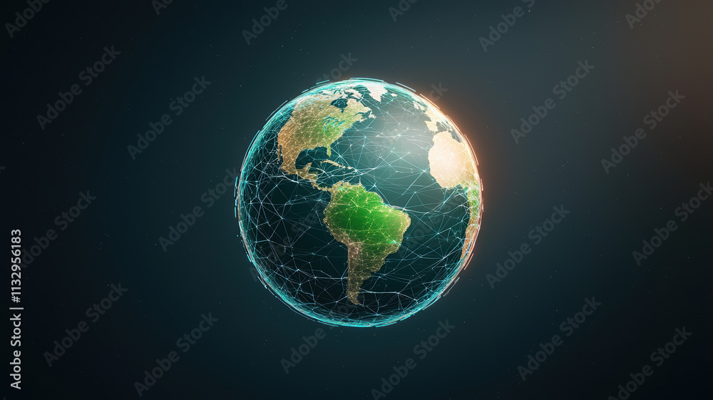 Fototapeta premium 3D representation of Earth with glowing network connections, showcasing continents and oceans. vibrant colors highlight beauty of our planet