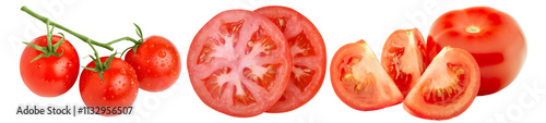 tomate en varias presentaciones tajado rebanado con tallo de planta tomate rojo asilado sobre fondo transparente png alta resolución fotografía profesional alta resolución editable alta calidad 