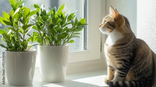 Cat gazing at potted plants by sunlit window indoor serenity scene photo