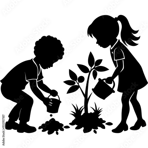 Two children are depicted in black silhouettes, tending to a young plant with small watering cans