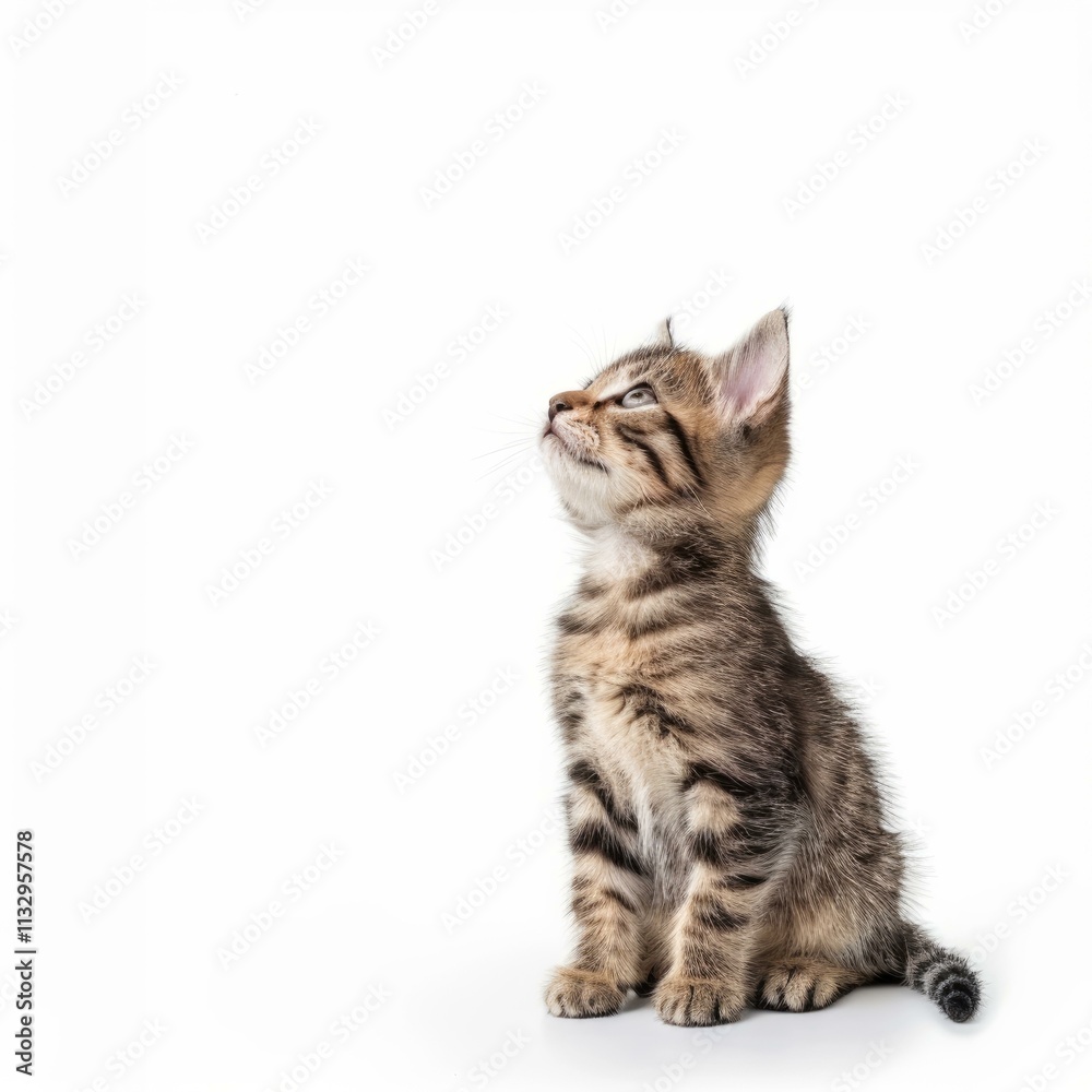 Fototapeta premium Adorable tabby kitten sitting and looking up with curiosity on a white background, showcasing its playful nature