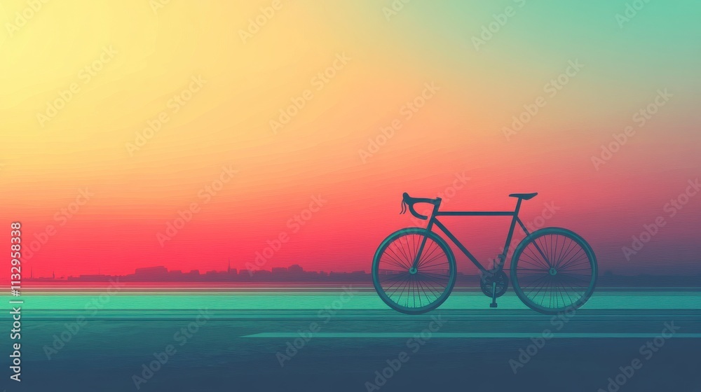 Obraz premium Silhouette of a Bicycle Against a Beautiful Sunset with Colorful Sky Reflections Over Water in the Background, Evoking a Sense of Peace and Leisure