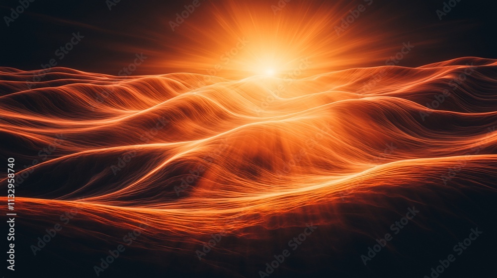 Fototapeta premium Fiery sunset over abstract, undulating landscape.
