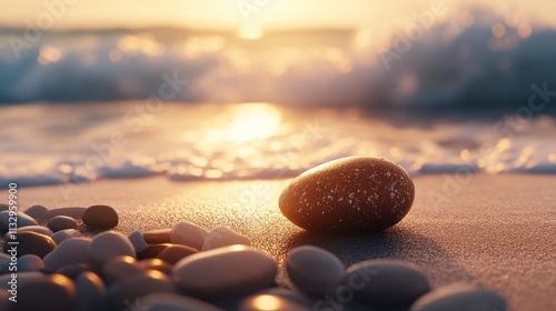 Serene Sunset Over Colorful Pebbles on Sandy Beach with Gentle Waves Caressing the Shore, Creating a Calm and Tranquil Coastal Atmosphere