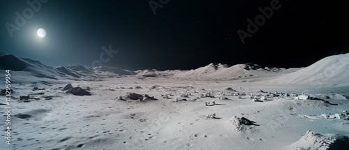 Moonlit alien landscape with rugged, barren terrain under a starry night sky, evoking mystery and exploration. photo