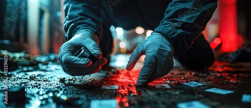 Forensic expert examining evidence at a crime scene in an urban environment highlighting pathology techniques under neon lights